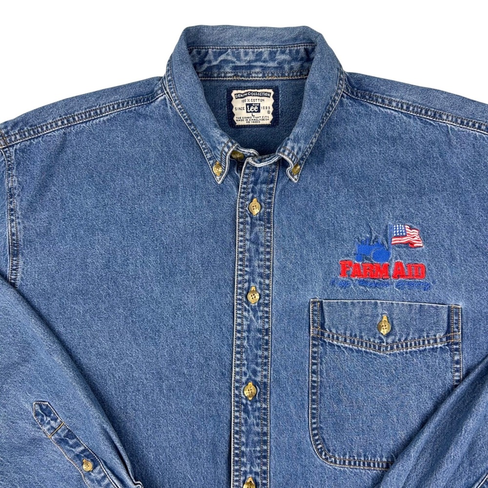 VTG Lee Denim Collection Farm Aid Embroidered Button Down Shirt Mens Large Blue